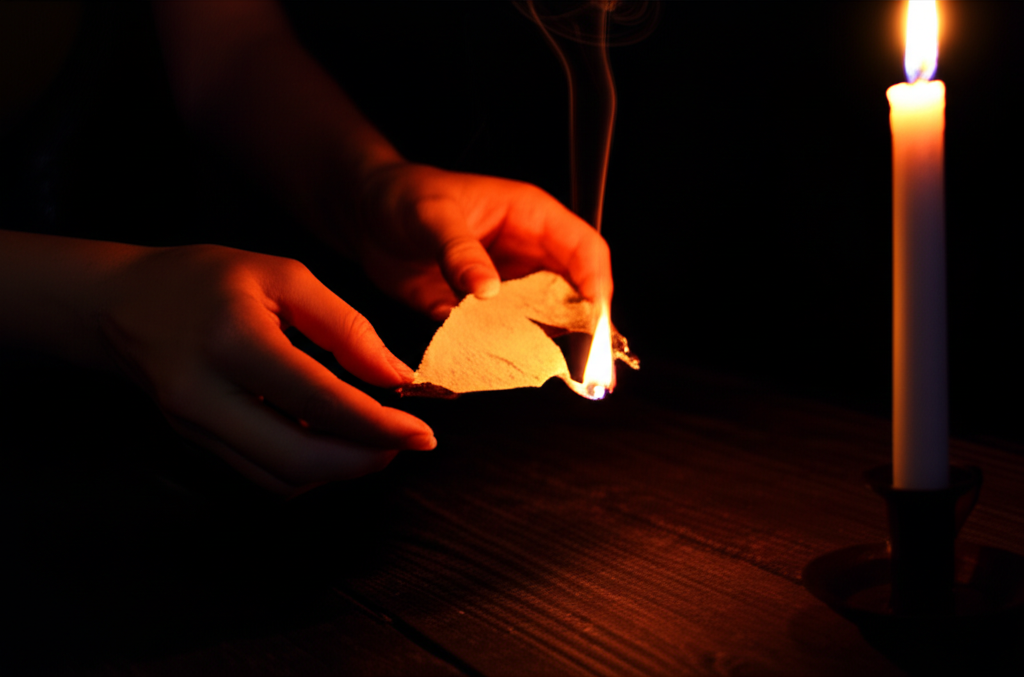 Процесс гадания по огню на желание с использованием горящей записки и свечи.