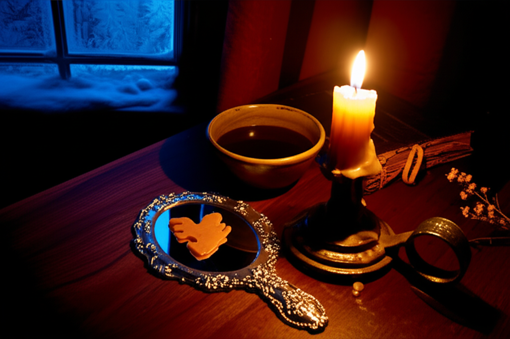 Старинные предметы для гадания под новый год: свеча, зеркало и вода с воском.