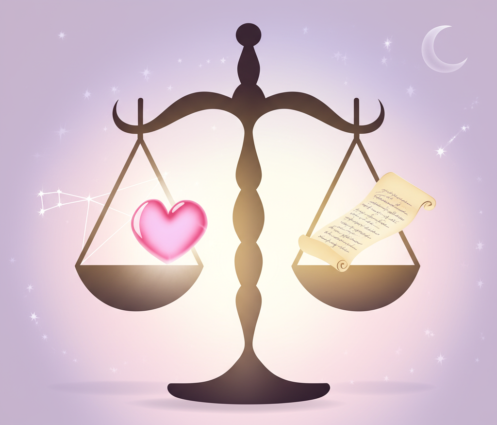 Изображение весов в астрологии, символизирующих баланс, справедливость и гармонию, с древними весами, держащими сердце и разум, на фоне нежных пастельных тонов рассвета.