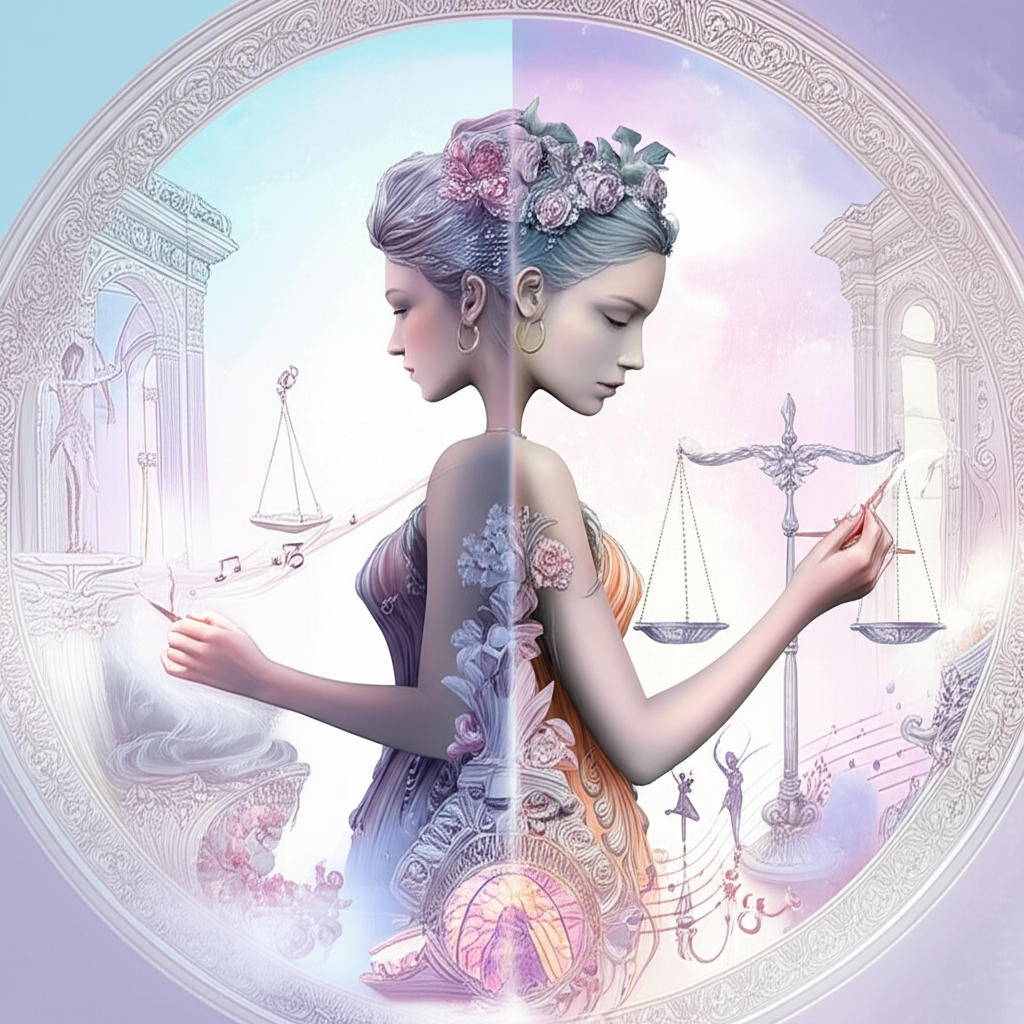 Изображение изящной фигуры, представляющей характеристики знака зодиака Весы, окруженной символами творчества: кисти, музыкальные ноты, открытые книги и элементы гармоничного дизайна, демонстрирующие их эстетическую натуру и многогранное творчество.