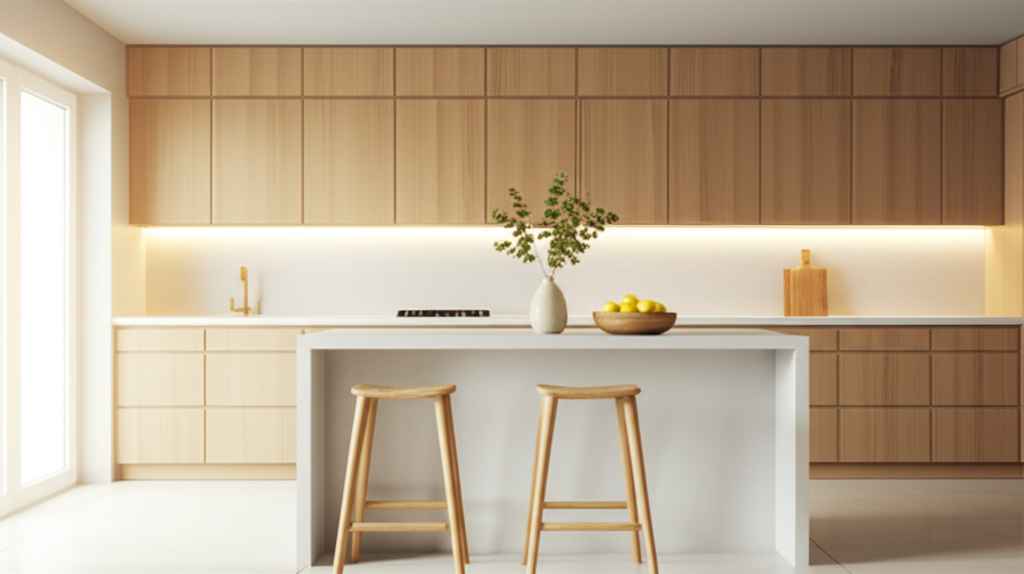 Светлая современная кухня, где достигнута полная гармония в кухне благодаря сочетанию натурального дерева, белых поверхностей и правильного освещения.