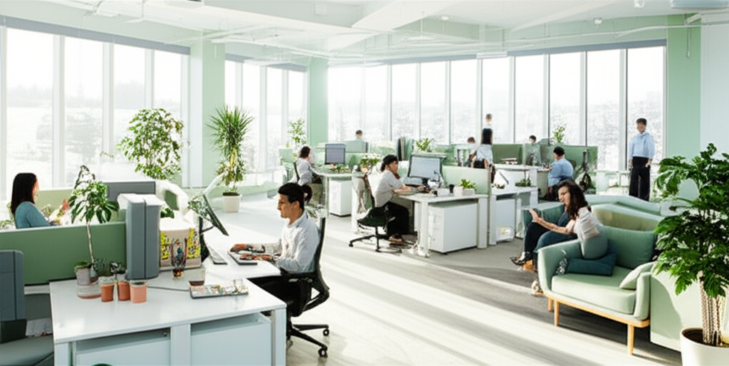 Современное рабочее пространство, где царит полная гармония в офисе благодаря продуманному дизайну и естественному освещению.