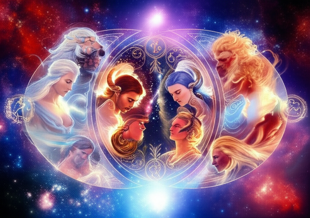 Изображение, демонстрирующее различные лучшие пары по зодиаку, парящие среди звезд и космических элементов, символизирующее их глубокую связь и гармонию.