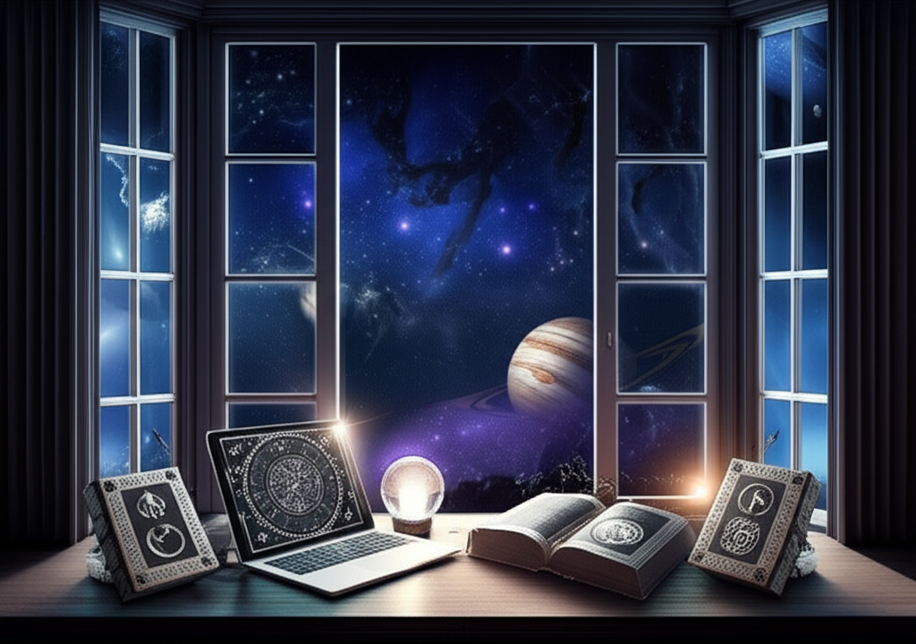 Студент выбирает, где учиться астрологии, анализируя сложную звездную карту на ноутбуке в окружении старинных книг.