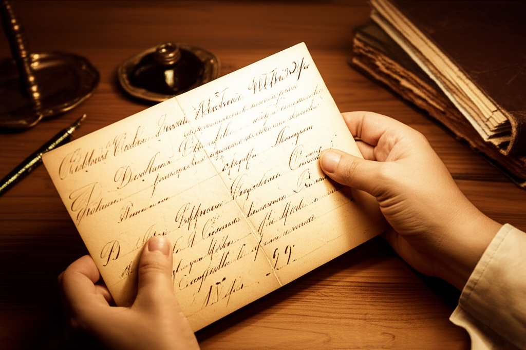 Человек изучает старинный документ, чтобы выяснить, где взять точные данные рождения.