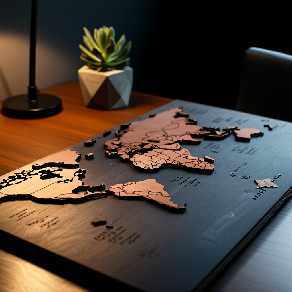 Детализированная геокульт настольная карта из светлого дерева на офисном столе