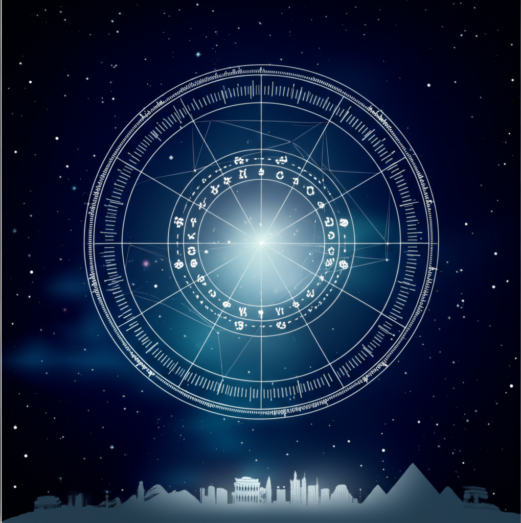 Интерактивная геокульт натальная карта рассчитать онлайн, представленная в виде светящейся схемы на фоне космоса.