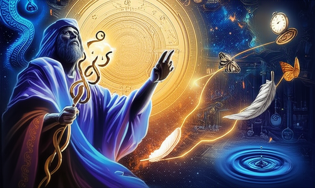 Мистическая иллюстрация, демонстрирующая глубокую взаимосвязь между герметизмом и синхроничностью, с фигурой, символизирующей Гермеса Трисмегиста, и элементами, представляющими осмысленные совпадения.