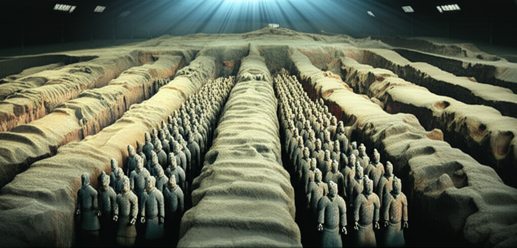 Бесконечные ряды воинов: глиняная армия китайского императора в раскопе гробницы.