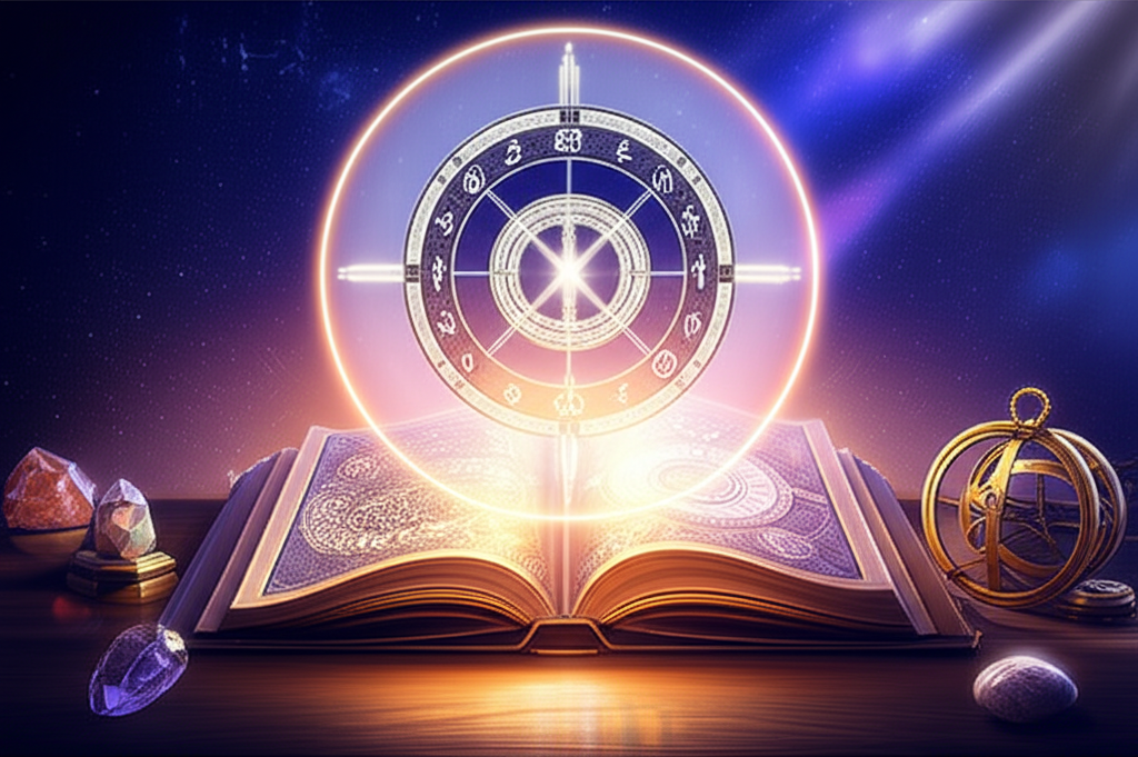 Открытая книга, где представлен полный глоссарий астрологических терминов с символами планет и знаков зодиака.