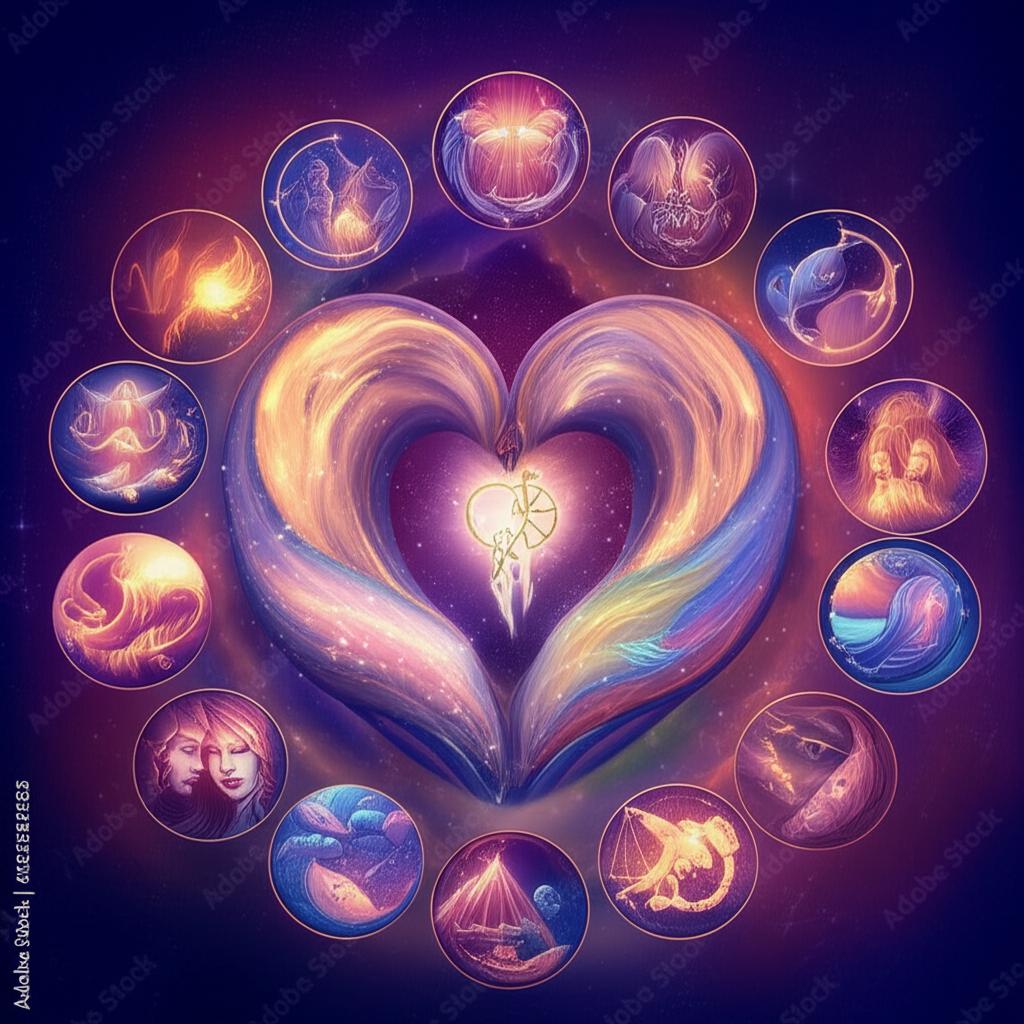 Двенадцать знаков зодиака, проявляющие любовь в различных формах, символизируемые вокруг центрального сердца, образованного космическими элементами. Это изображение иллюстрирует, как знаки зодиака проявляют любовь.