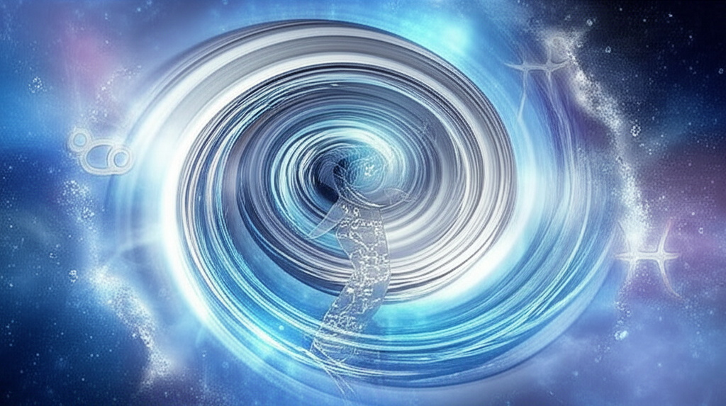 Мистическое изображение, символизирующее вода в астрологии, с элементами знаков зодиака и водной стихии, погруженное в космический фон.