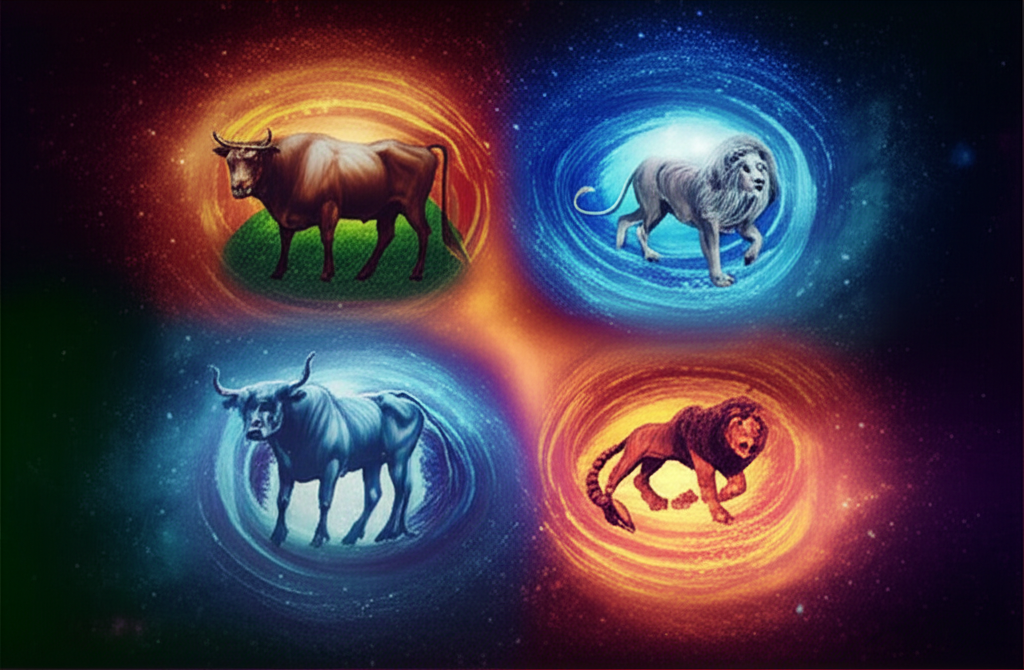 Изображение, демонстрирующее четыре фиксированные знаки зодиака — Тельца, Льва, Скорпиона и Водолея — в мистической космической обстановке, подчеркивающей их устойчивость и мощь.