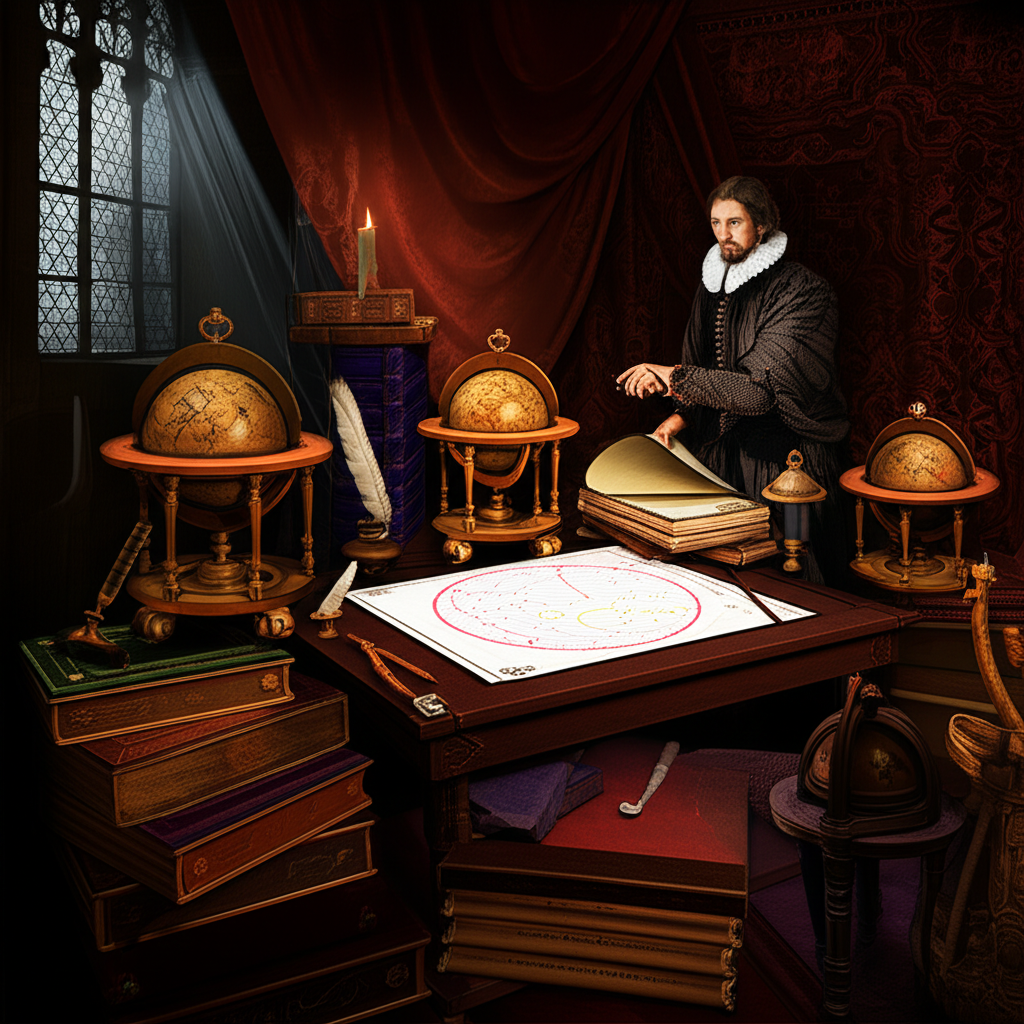 Изображение демонстрирует элементы европейской ренессансной астрологии в кабинете ученого.