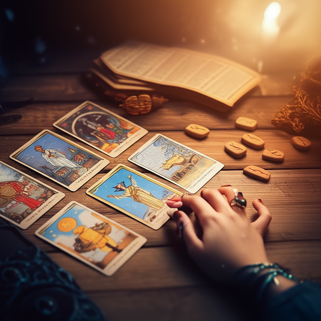 Руки человека над разложенными картами Таро и рунами, символизирующие таро и руны совместное гадание.