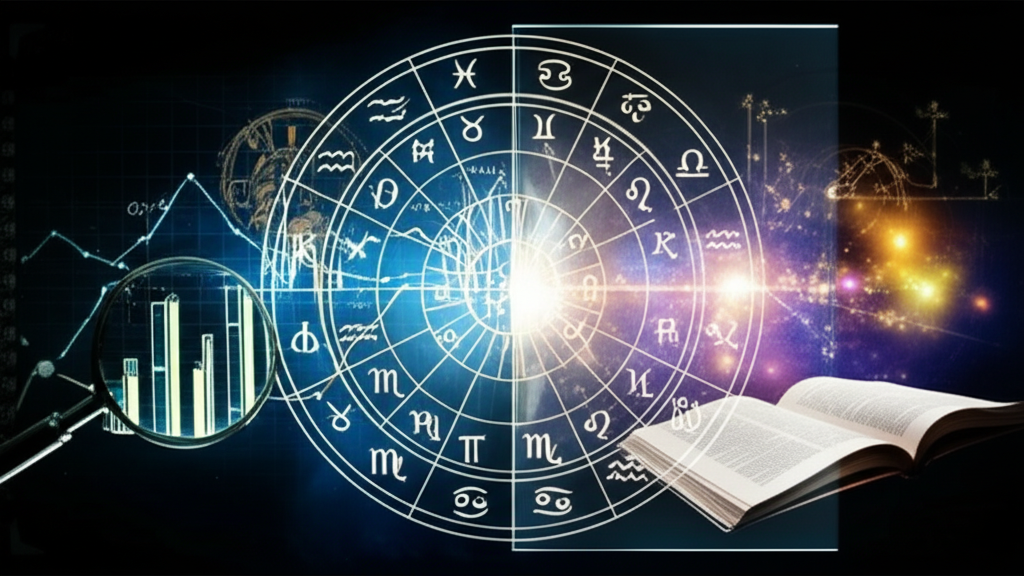 Изображение, символизирующее проблему фальсифицируемости астрологии, с элементами науки и эзотерики.