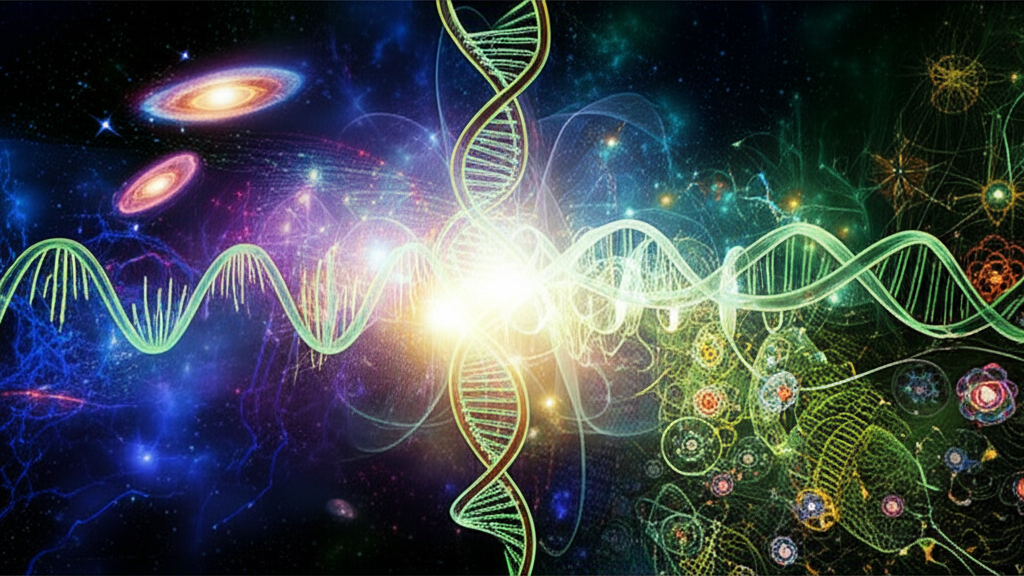 Изображение, демонстрирующее глубокую связь макрокосмоса и микрокосмоса, где космические туманности и галактики переплетаются с деталями клеточных структур и атомных моделей.