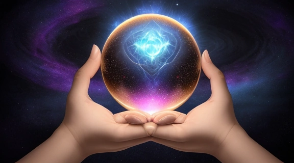 Загадочная сцена с хрустальным шаром, отражающим символы гадания по знаку зодиака и созвездия в космическом пространстве.