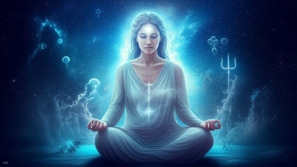 Изображение женщины, медитирующей в космическом подводном мире, символизирующее влияние Нептуна в астрологии на интуицию.