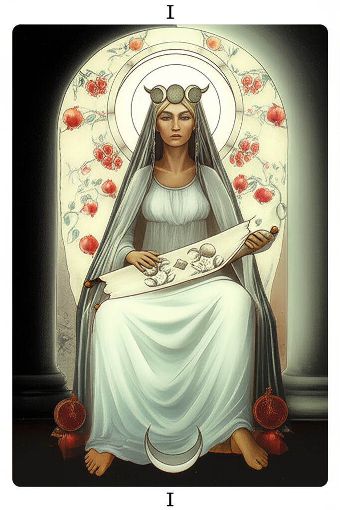 Изображение карты Таро Жрица, символизирующее значение карты Жрица в Таро в раскладе, её интуитивную мудрость и скрытые знания.