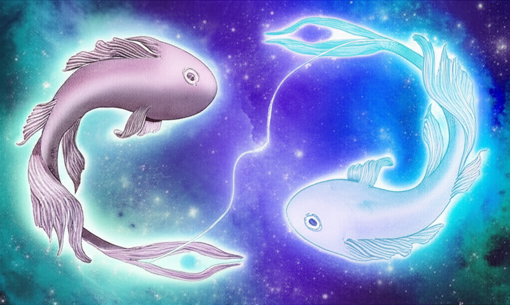 Завораживающее изображение двух рыб, переплетенных в вихре водных и космических элементов, символизирующее знак Рыбы в астрологии.