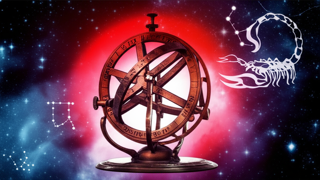 Изображение старинного астролябиума на фоне космических туманностей, символизирующее Марс как традиционный правитель Скорпиона и его глубокое астрологическое значение.