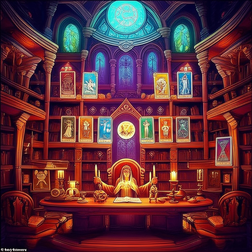 Изображение демонстрирует различные символы и карты, представляющие Старшие Арканы Таро, с акцентом на их ключевые слова и архетипические значения.