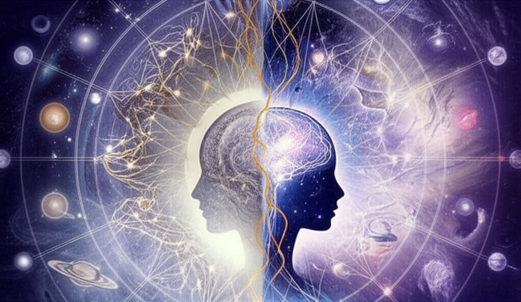 Иллюстрация, символизирующая глубокую и многогранную связь астрологии и психологии через метафорические образы космоса и человеческой психики.