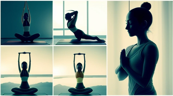 Коллаж, демонстрирующий различные разновидности йоги: хатха, виньяса, инь, кундалини и аэро, выполненные в спокойной, гармоничной манере.