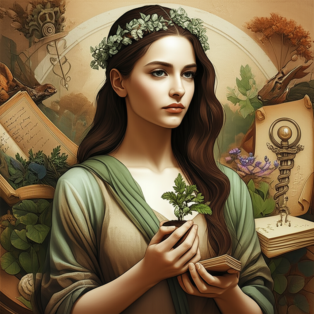 Изображение женщины-девы, олицетворяющей знак дева в астрологии, среди зелени и символов урожая, с сосредоточенным выражением лица.