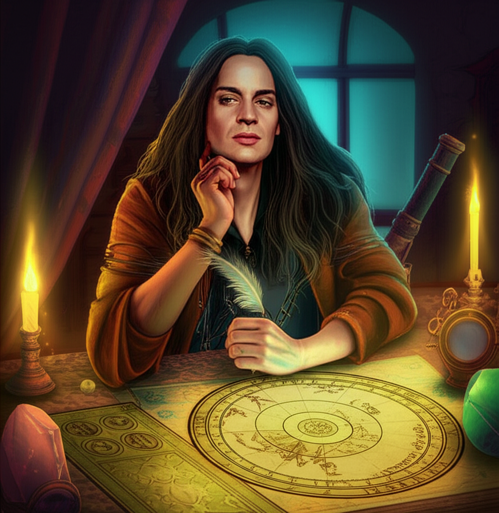 Изображение демонстрирует задумчивого астролога, погруженного в изучение натальной карты, что символизирует этические дилеммы астролога и важность принятия ответственных решений.