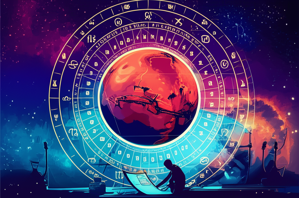 Иллюстрация, посвященная исследованию «the mars effect», где научный анализ переплетается с астрологическими символами на фоне планеты Марс.