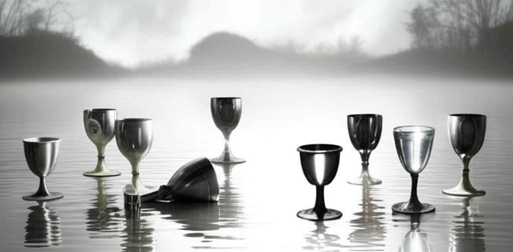 Иллюстрация, изображающая различные младшие арканы таро кубки, плавающие на спокойной воде, символизирующая мир эмоций, отношений и интуиции.