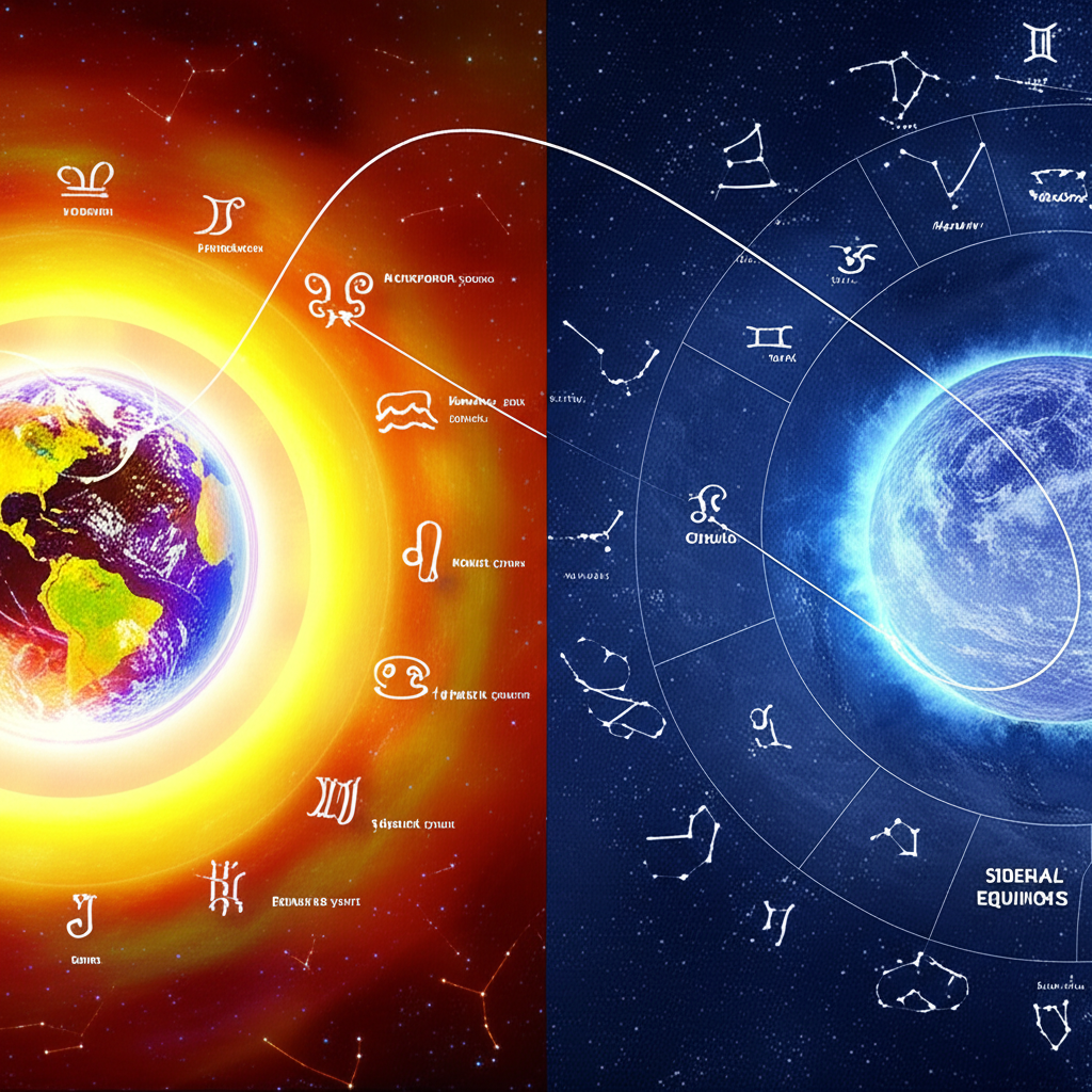 Схематическое изображение, иллюстрирующее разницу между сидерическим и тропическим зодиаком, показывающее их привязку к сезонам и неподвижным звездам соответственно.