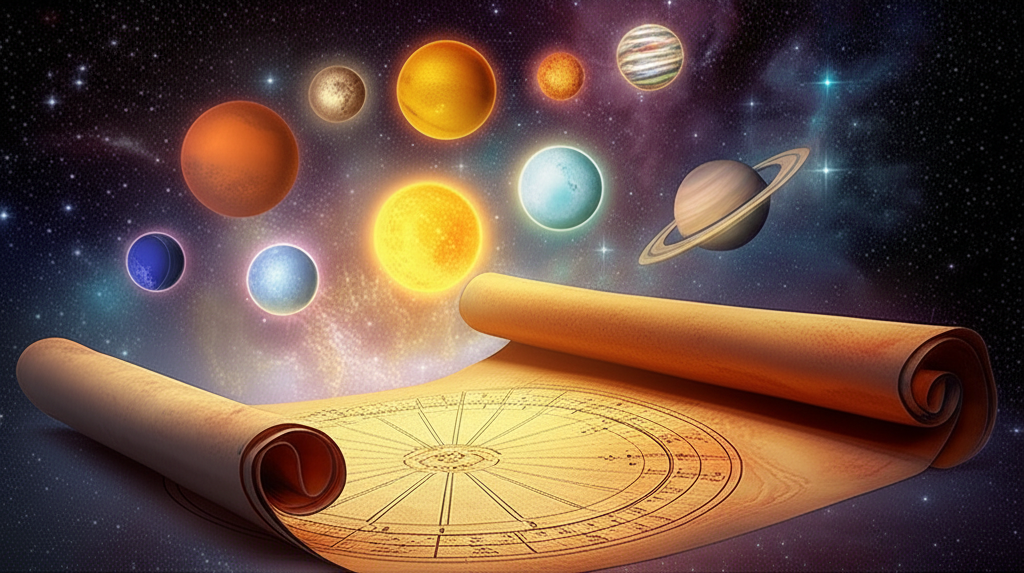 Древняя астрологическая карта с изображением девяти планет, символизирующих планеты в астрологии, парящих над ней, с мягким космическим свечением на фоне звездного неба.