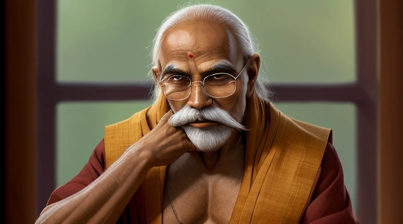 Мудрый старец, олицетворяющий смирение шибенду лахири, в медитативной позе, излучающий покой.