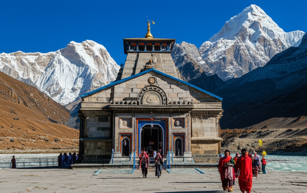 Древний храм в священном городе Кедарнатх на фоне величественных заснеженных Гималаев.