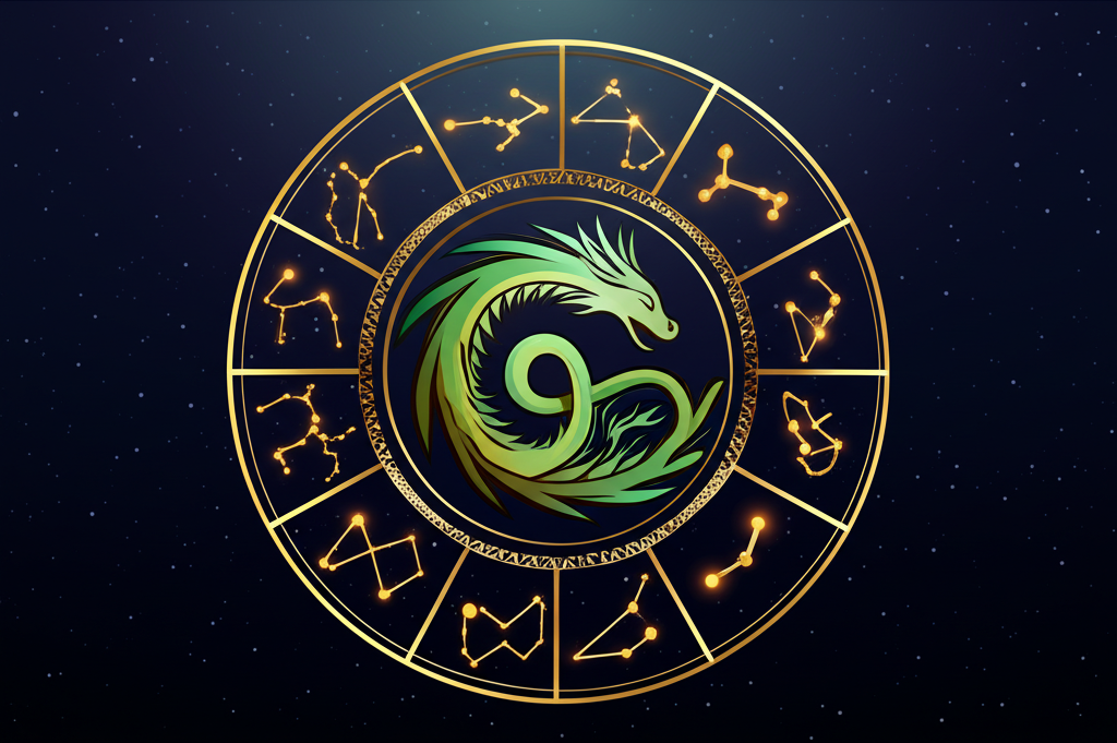 Астрологический круг с символами и Драконом в центре: Гороскоп для всех знаков Зодиака 2025.