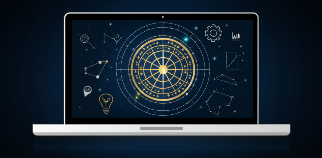 Стилизованный гороскоп карьеры в виде зодиакального круга на экране ноутбука.