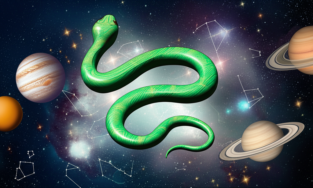 Космическая иллюстрация, представляющая гороскоп на 2025 год с изображением змеи и планет.