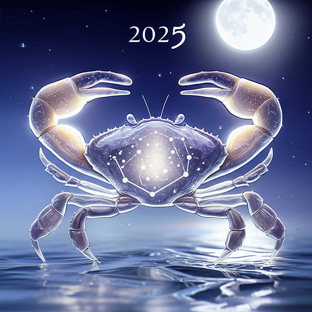 Мистическое изображение знака зодиака Рак на фоне ночного неба и водной глади, символизирующее гороскоп на 2025 год рак.