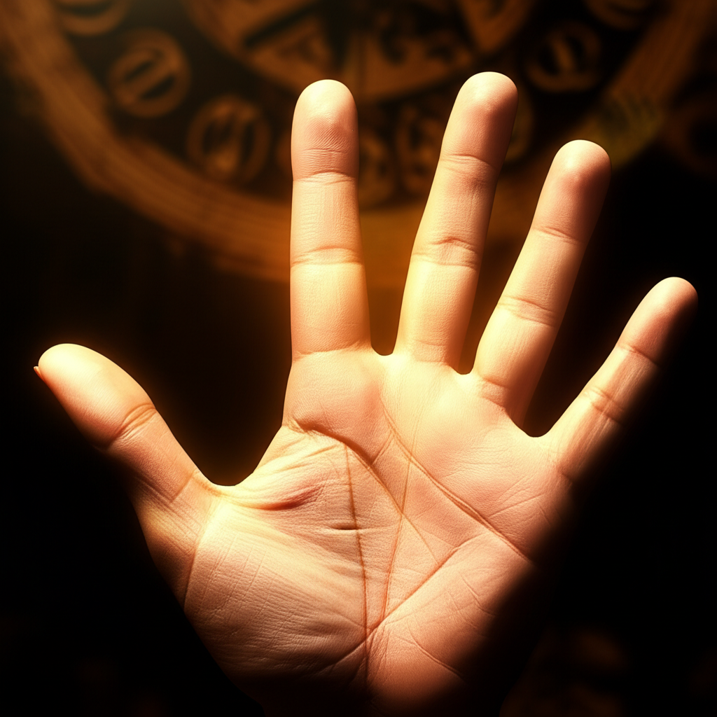 Детальное изображение ладони, где показан гороскоп на ладони главные линии.