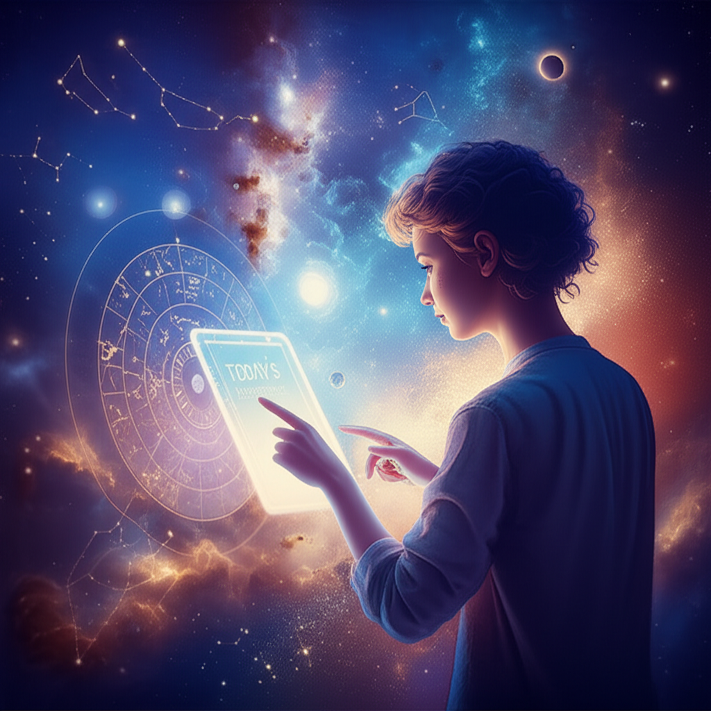 Человек задумчиво изучает гороскоп на сегодня на сияющем экране на фоне звёздного неба, символизируя поиск космического руководства.