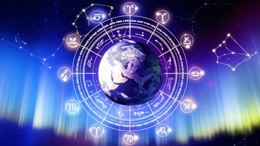 Изображение мистической сферы со знаками зодиака и планетами, символизирующее гороскоп на следующий год.