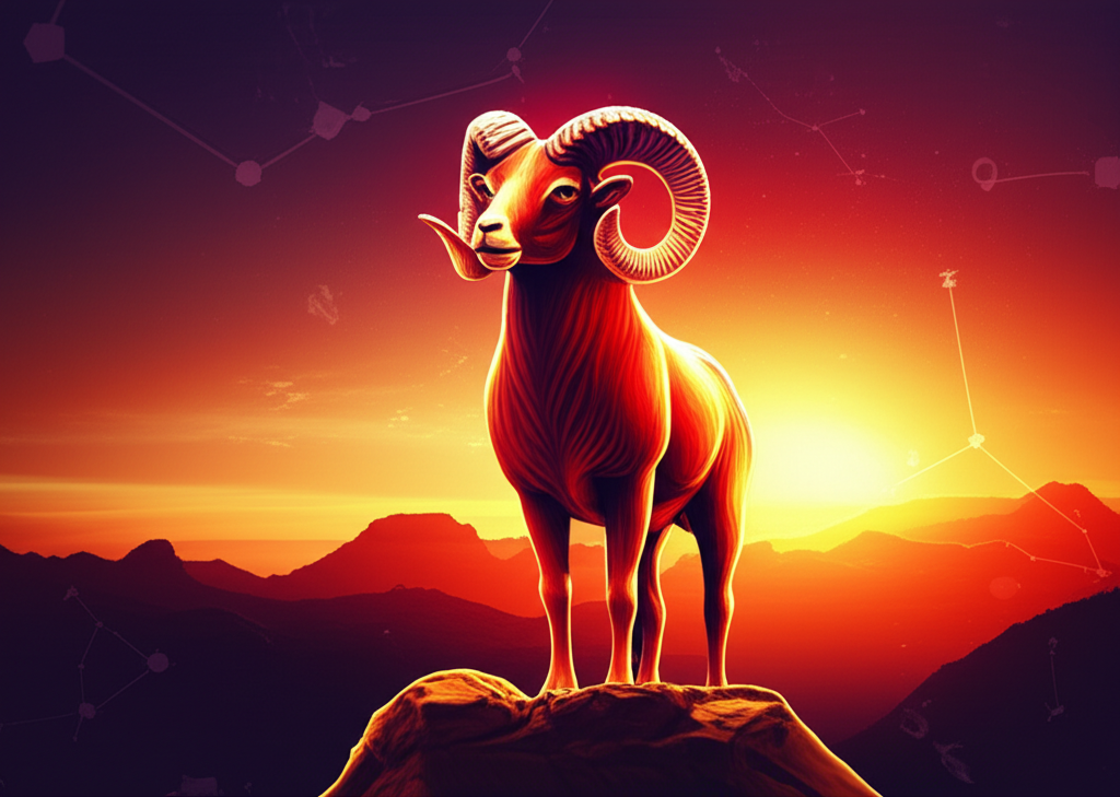 Иллюстрация, символизирующая гороскоп на завтра Овен: сильный баран на фоне рассветного неба, олицетворяющий энергию и решительность.