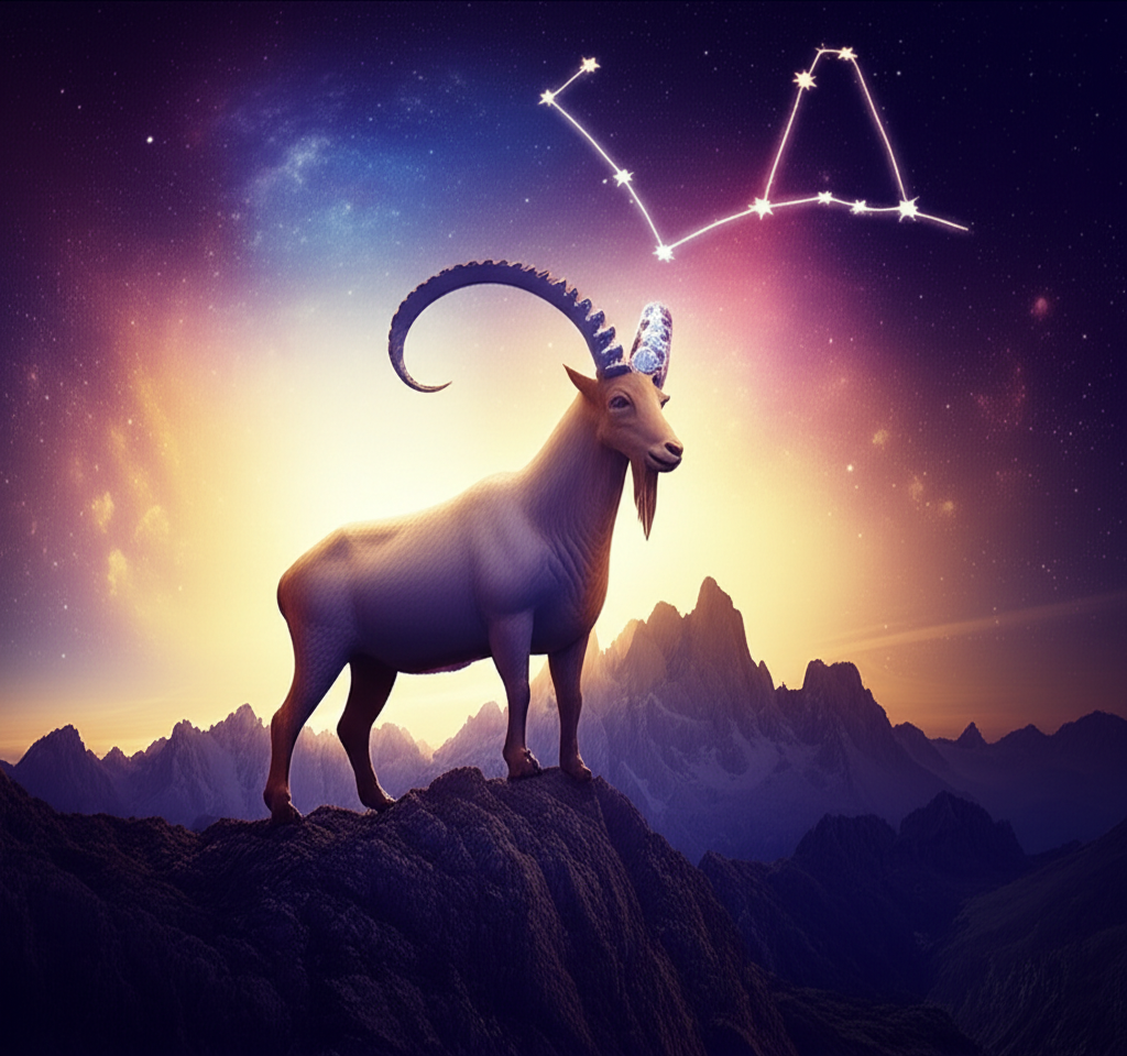 Гороскоп перемен Козерог: величественный козерог с кристаллическими рогами стоит на вершине горы на фоне звездного неба, символизируя амбиции и грядущие трансформации.