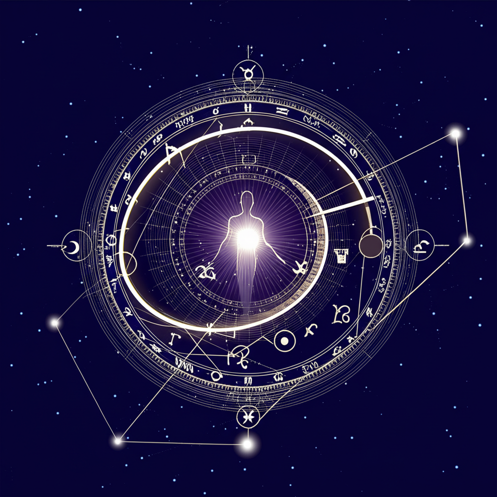 Персональный гороскоп по дате рождения онлайн, представленный в виде светящейся астролябии на фоне звездного неба.