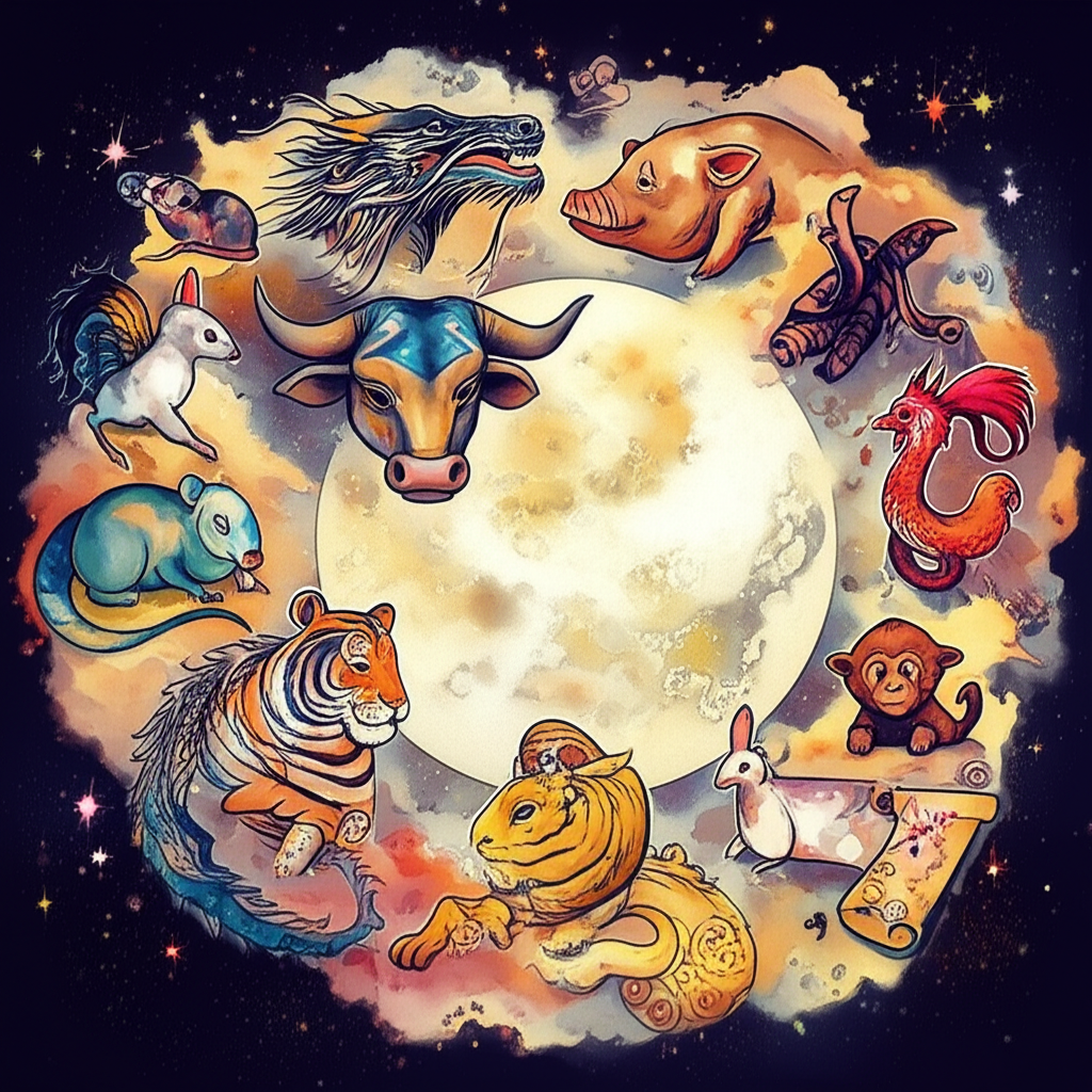 Иллюстрация, изображающая все двенадцать животных китайского гороскопа по году рождения в мистическом круговом расположении, символизирующая мудрость и циклы времени.