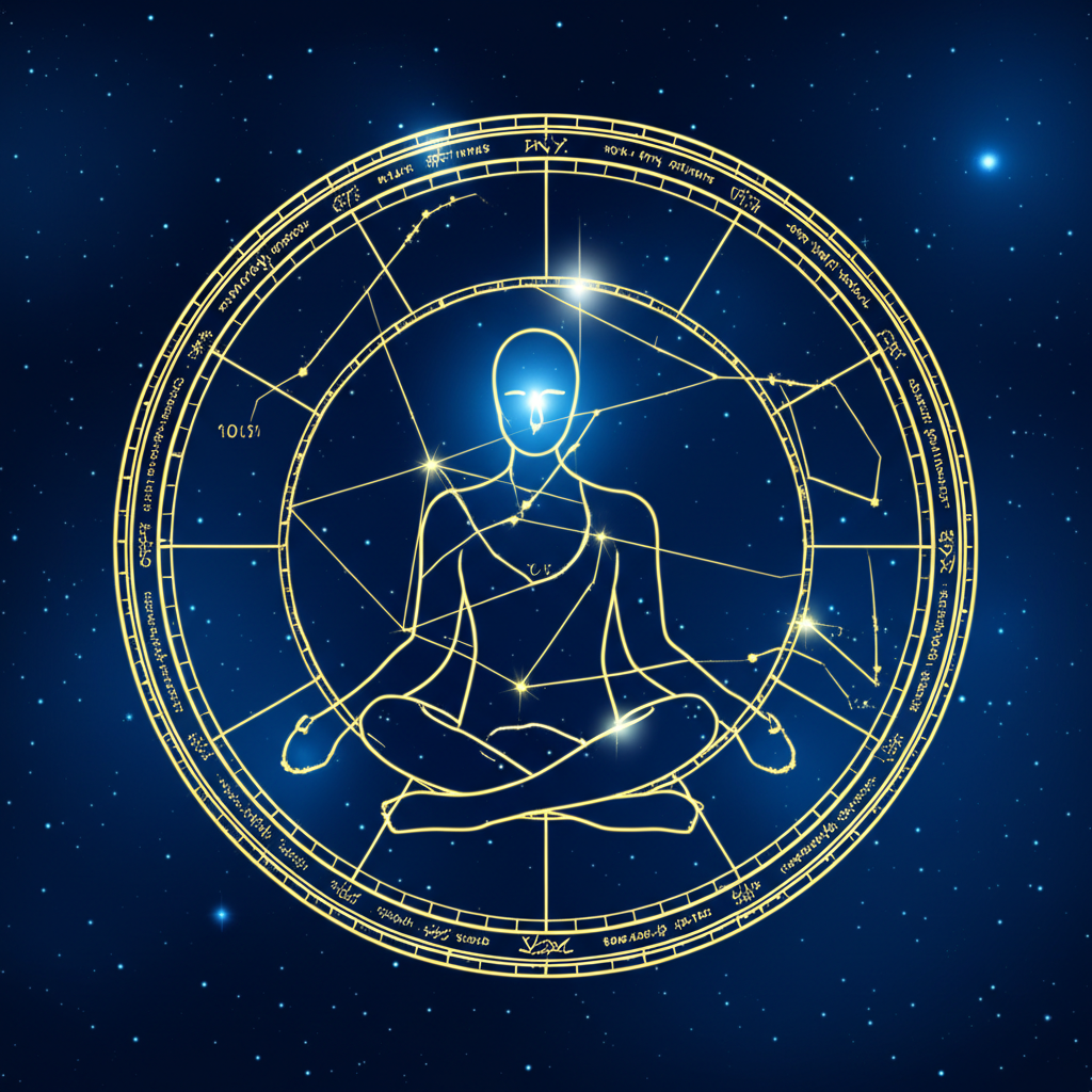 Схематичное изображение зодиакального круга и человеческого силуэта, иллюстрирующее гороскоп здоровья.