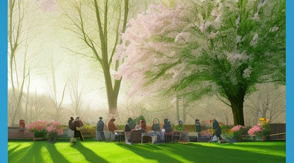 Готовимся к весне: разнообразные люди занимаются весенними делами – от уборки дома до ухода за садом, на фоне пробуждающейся природы.